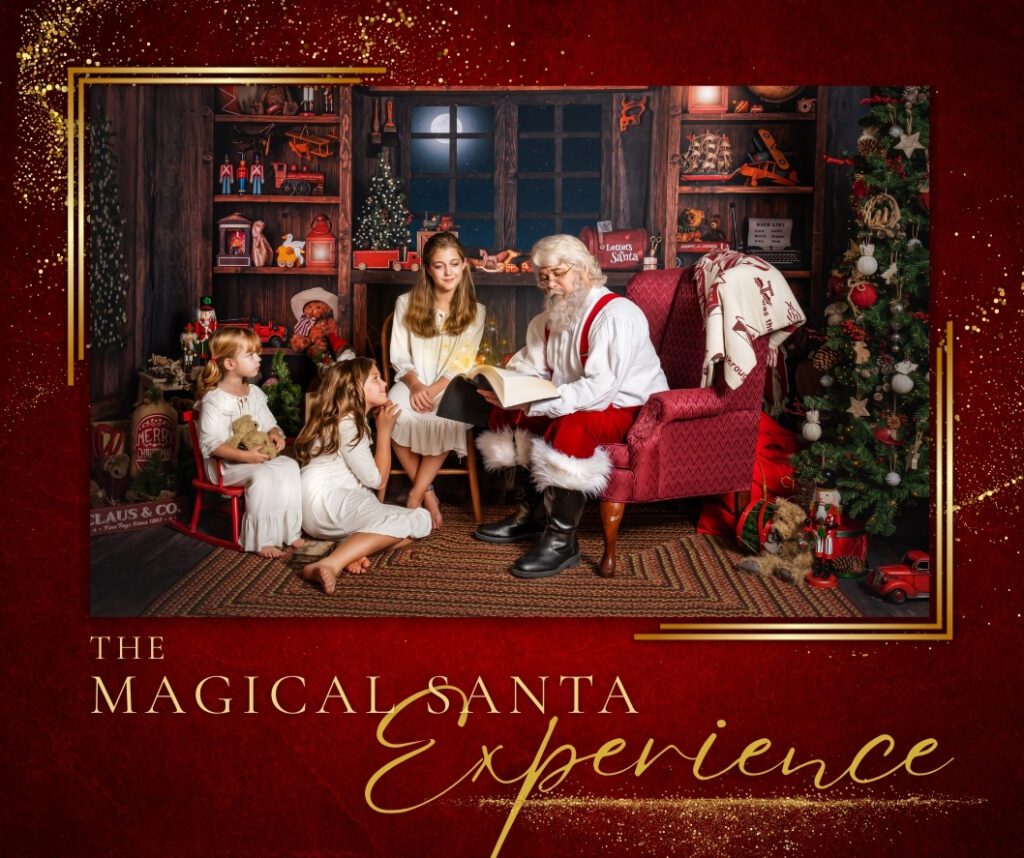 Santa Claus reading a Christmas story to children during the Magical Santa Experience in Huntsville, Alabama. A private holiday photo session filled with warmth, joy, and festive décor.