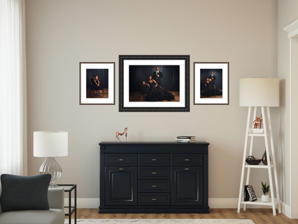 modern clean living room featuring custom wall art of a Huntsville family in a maternity portrait session